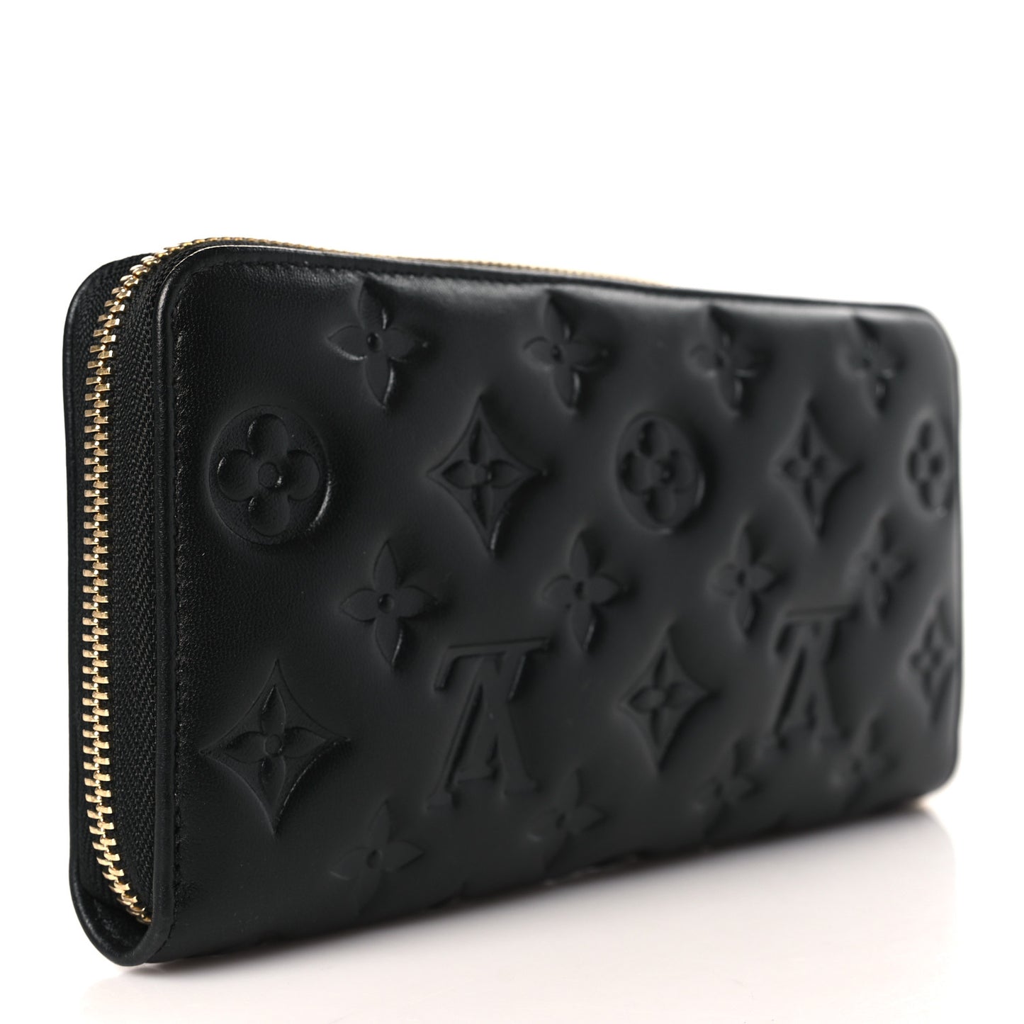 Lambskin Embossed Monogram Coussin Zippy Wallet Black