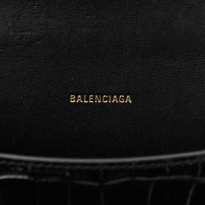 Balenciaga Shiny Calfskin Crocodile Embossed Hourglass Top Handle Bag XS Black 6 of 10
