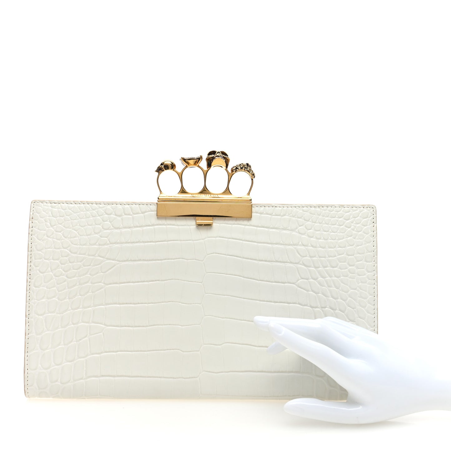 Calfskin Crocodile Embossed Knuckle Flat Clutch Ivory