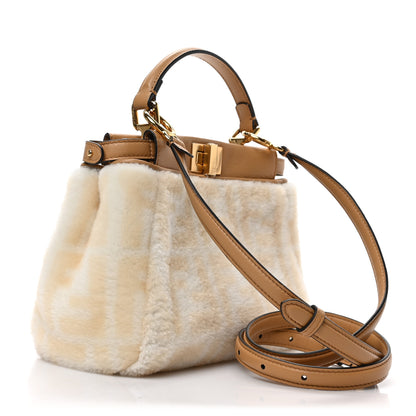 Fendi Shearling Nappa Macro FF 1974 Mini Peekaboo Iconic Satchel White Ice Cuoio Miele Scuro 3 of 8