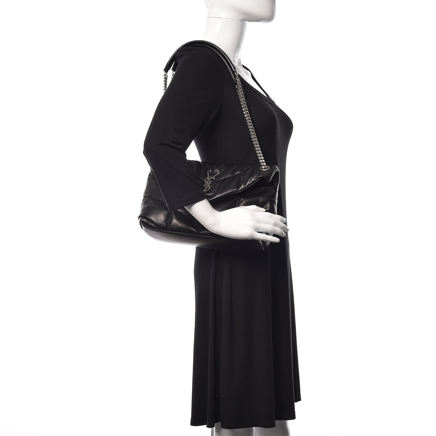 Lambskin Quilted Small Loulou Puffer Monogram Chain Satchel Black