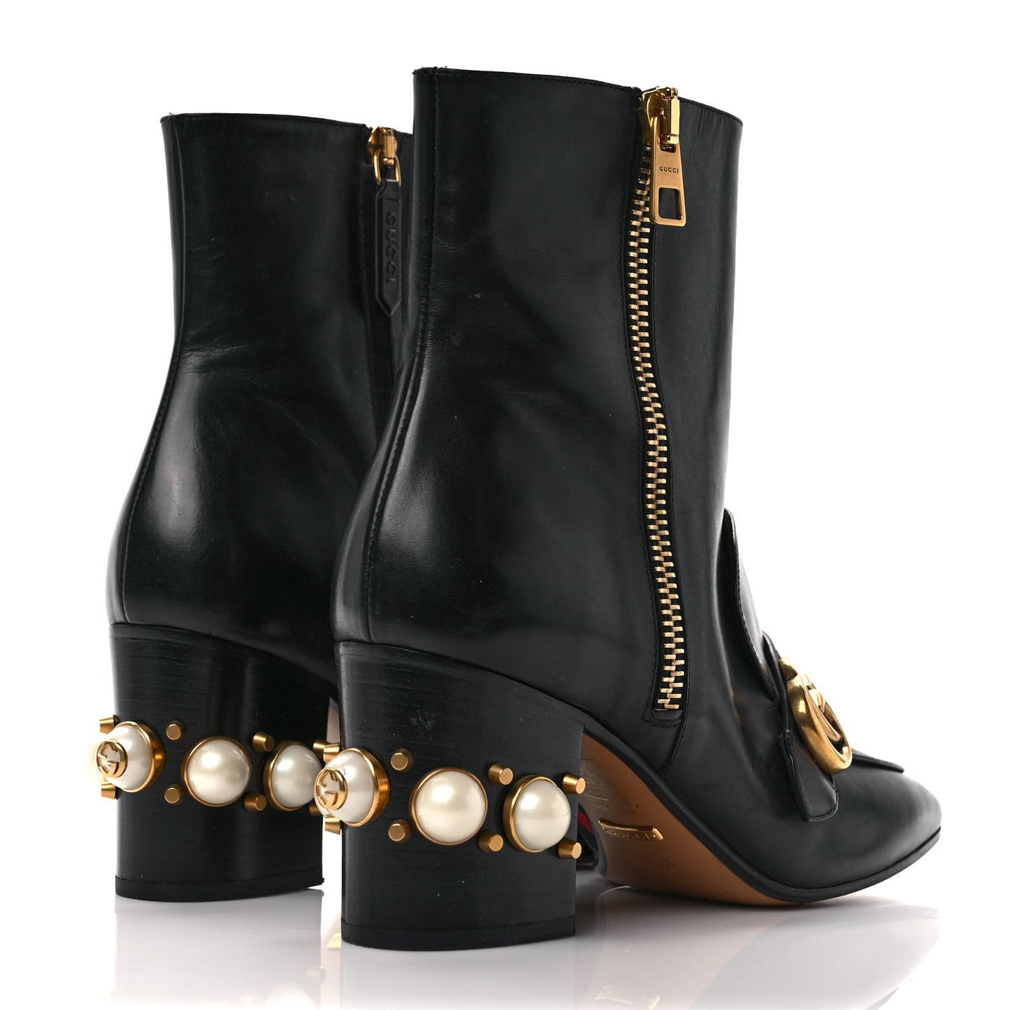 Betis Glamour Calfskin Web Pearl Embellished Peyton 75mm Ankle Boots 39.5 Black