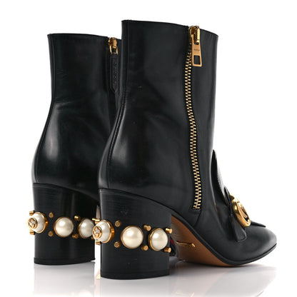 Gucci Betis Glamour Calfskin Web Pearl Embellished Peyton 75mm Ankle Boots 39.5 Black 4 of 10