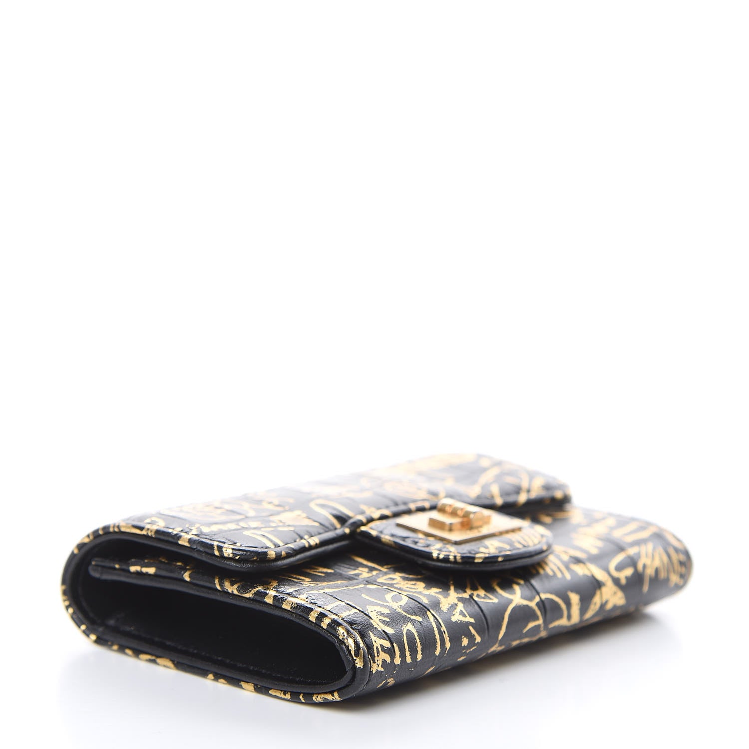 Chanel Calfskin Crocodile Embossed Graffiti 2.55 Cocodile Reissue Flap Card Holder Black Gold 4 of 9
