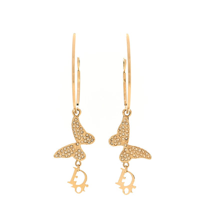 Christian Dior Metal Crystal Butterfly Logo Hoop Earrings Gold 3 of 6