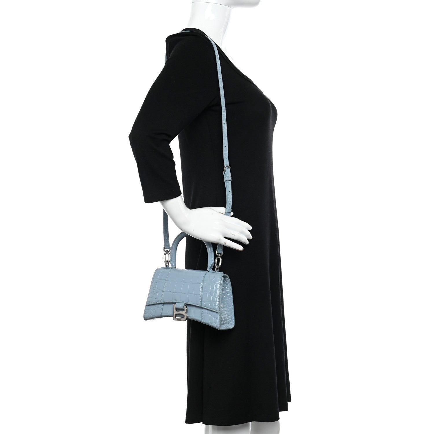 Balenciaga Shiny Calfskin Crocodile Embossed Hourglass Top Handle Bag XS Blue Grey 2 of 14