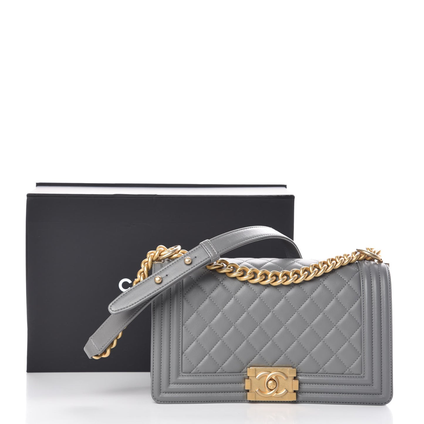 Lambskin Quilted Medium Boy Flap Grey
