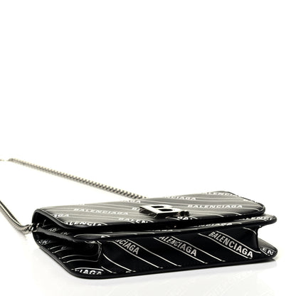 Balenciaga Matte Calfskin Diagonal Allover Logo Print B Wallet on Chain Black White 3 of 4