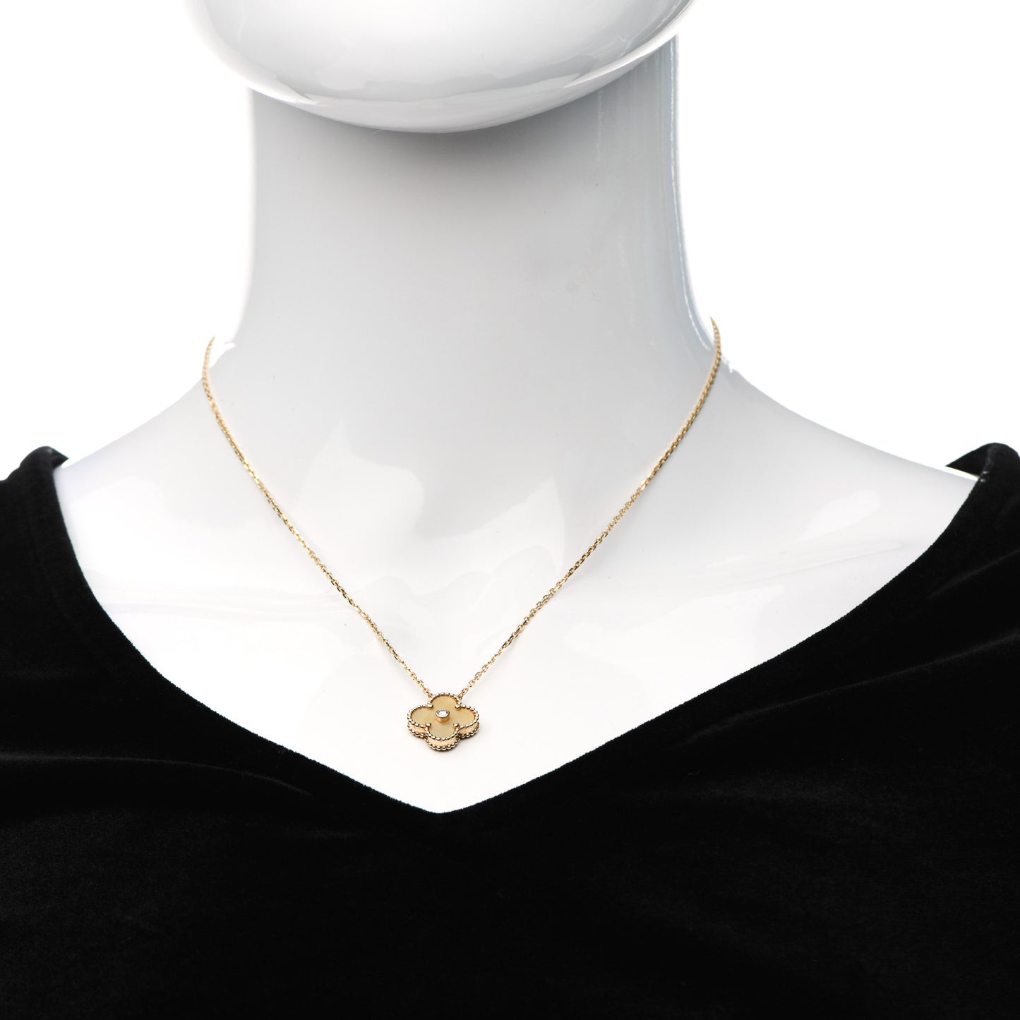18K Yellow Gold Diamond Yellow Mother of Pearl Vintage Alhambra Pendant Necklace