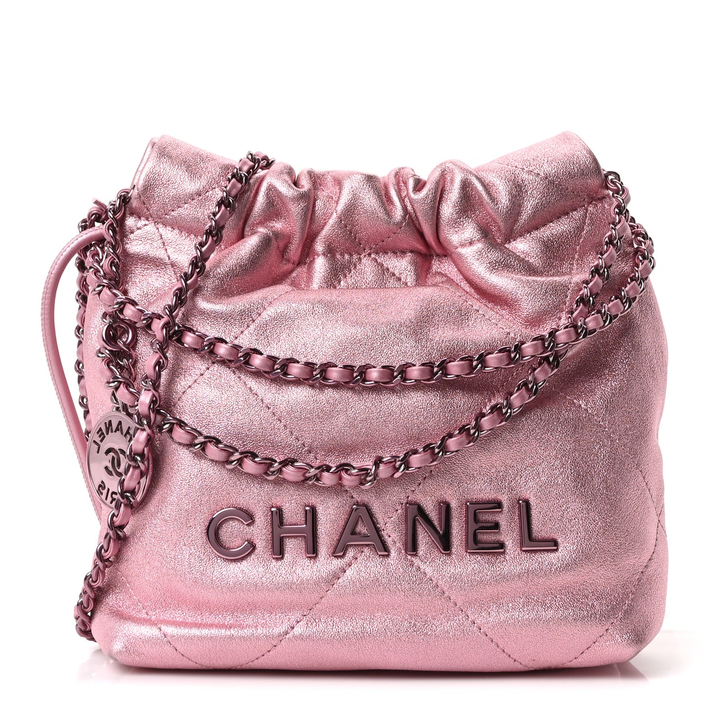 Metallic Lambskin Lacquered Monochrome Quilted Mini Chanel 22 Pink
