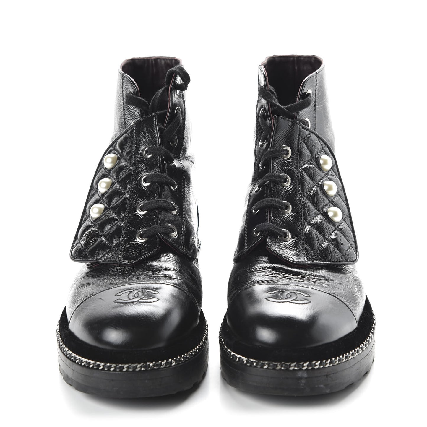 Crackled Calfskin Velvet Pearl Combat Short Boots 39.5 Black