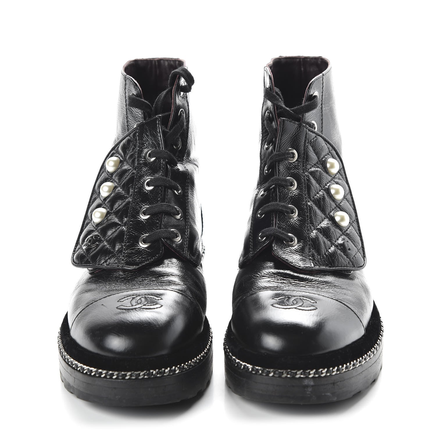 Chanel Crackled Calfskin Velvet Pearl Combat Short Boots 39.5 Black 2 of 10