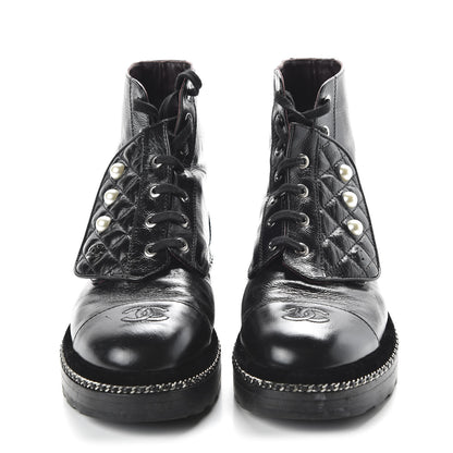 Chanel Crackled Calfskin Velvet Pearl Combat Short Boots 39.5 Black 2 of 10