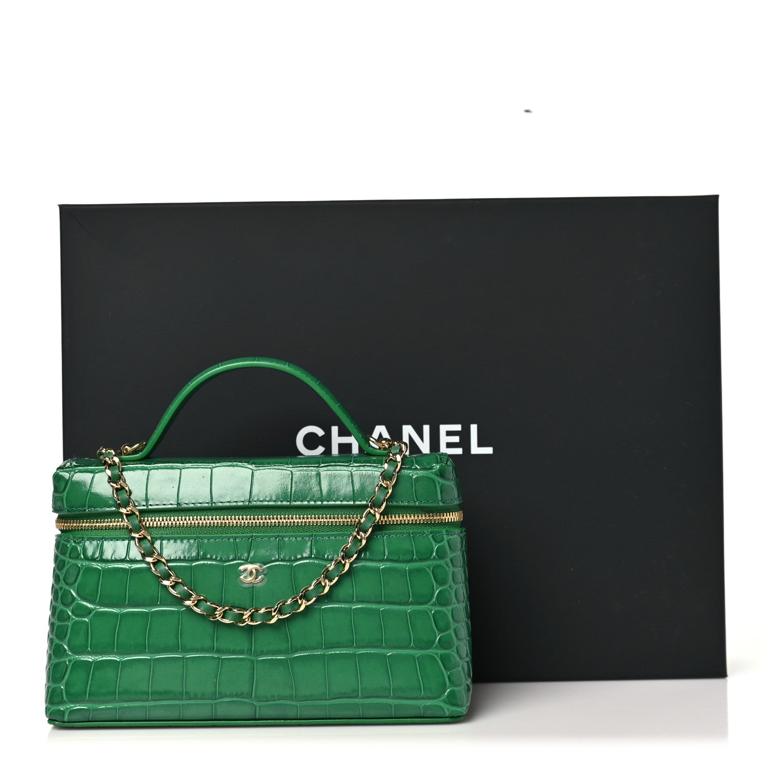 Chanel Calfskin Crocodile Embossed Crococo Top Handle Slim Vanity Case With Chain Emerald 11 of 11