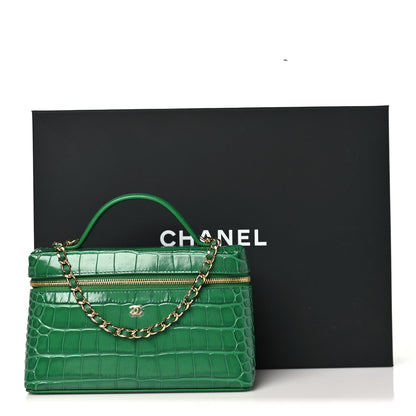 Chanel Calfskin Crocodile Embossed Crococo Top Handle Slim Vanity Case With Chain Emerald 11 of 11