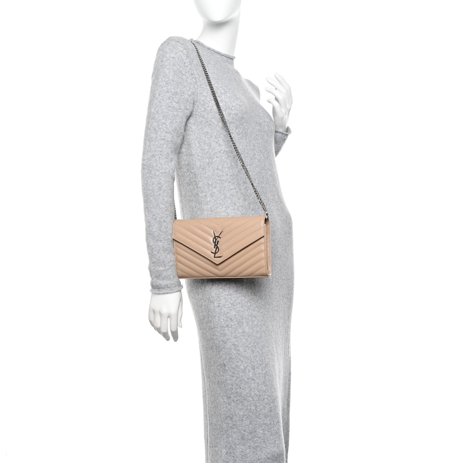 Saint Laurent Grain De Poudre Matelasse Chevron Monogram Chain Wallet Dark Beige 2 of 9