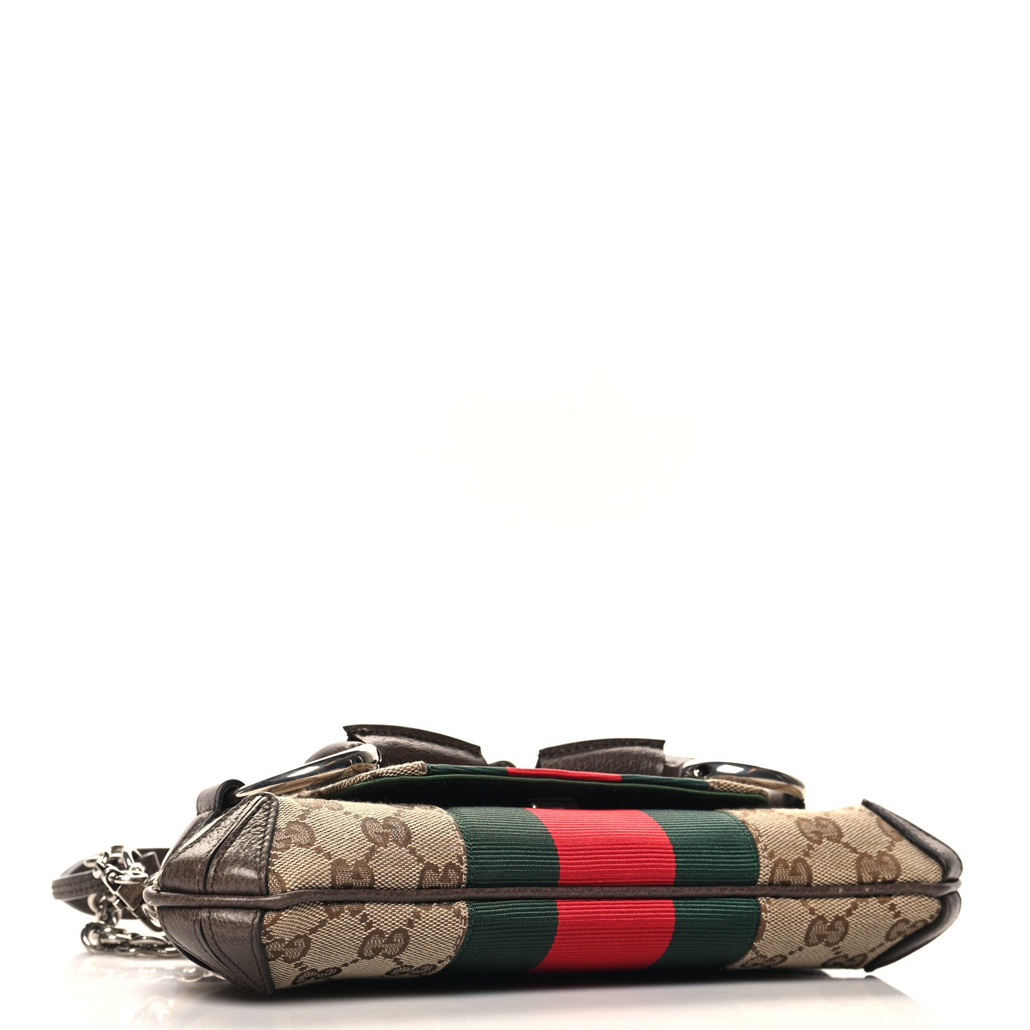 Gucci Monogram Textured Dollar Calfskin Heavy Grosgrain Web Small Maxi Horsebit Chain Shoulder Bag Beige Ebony New Acero 4 of 11