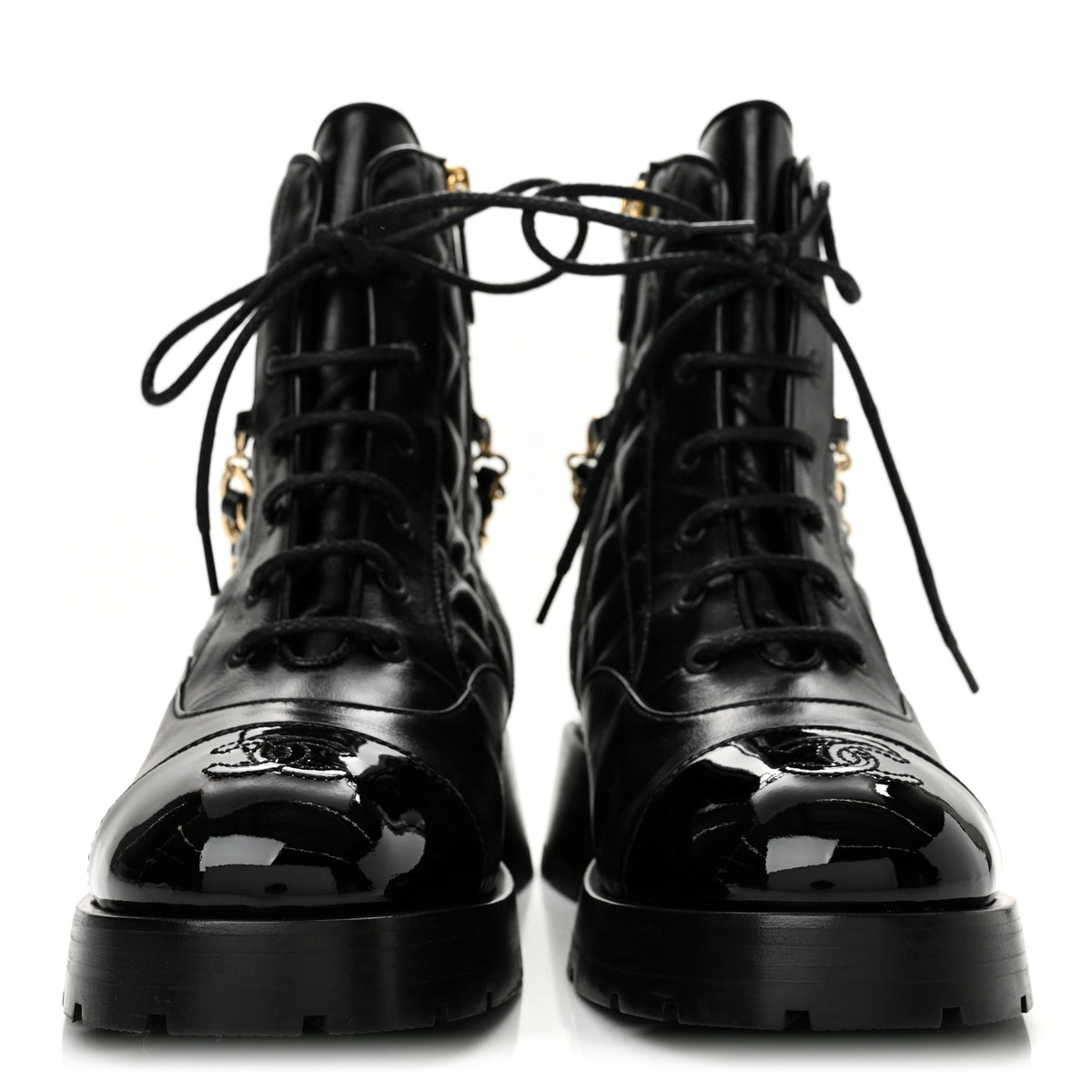 Shiny Calfskin Patent Quilted Chain Lace Up Combat Boots 39 Black