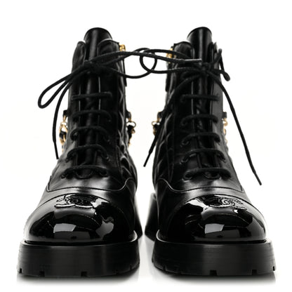 Chanel Shiny Calfskin Patent Quilted Chain Lace Up Combat Boots 39 Black 3 of 9
