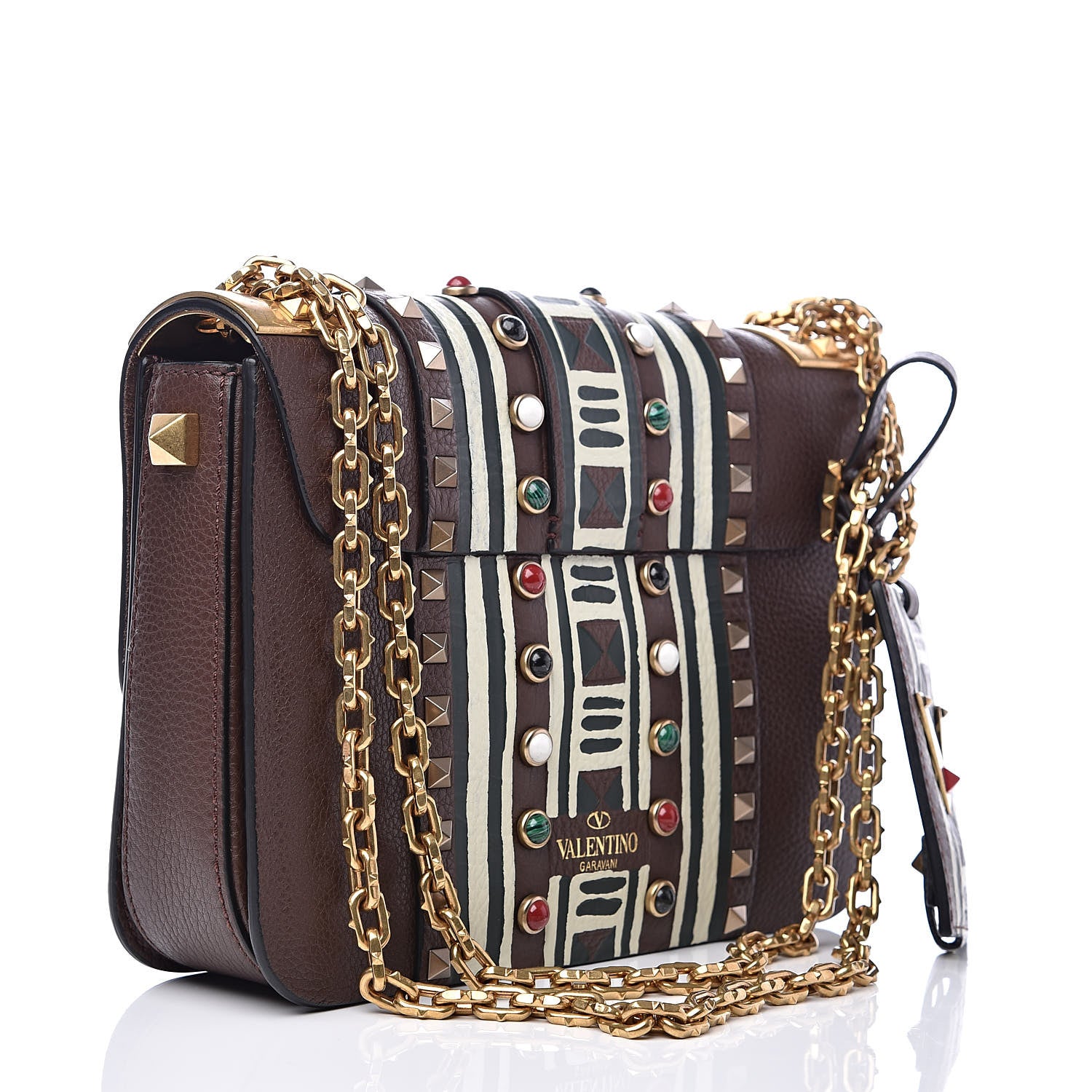 Valentino Garavani Grained Calfskin Tribal B-Rockstud Rolling Flap Cacao 3 of 12