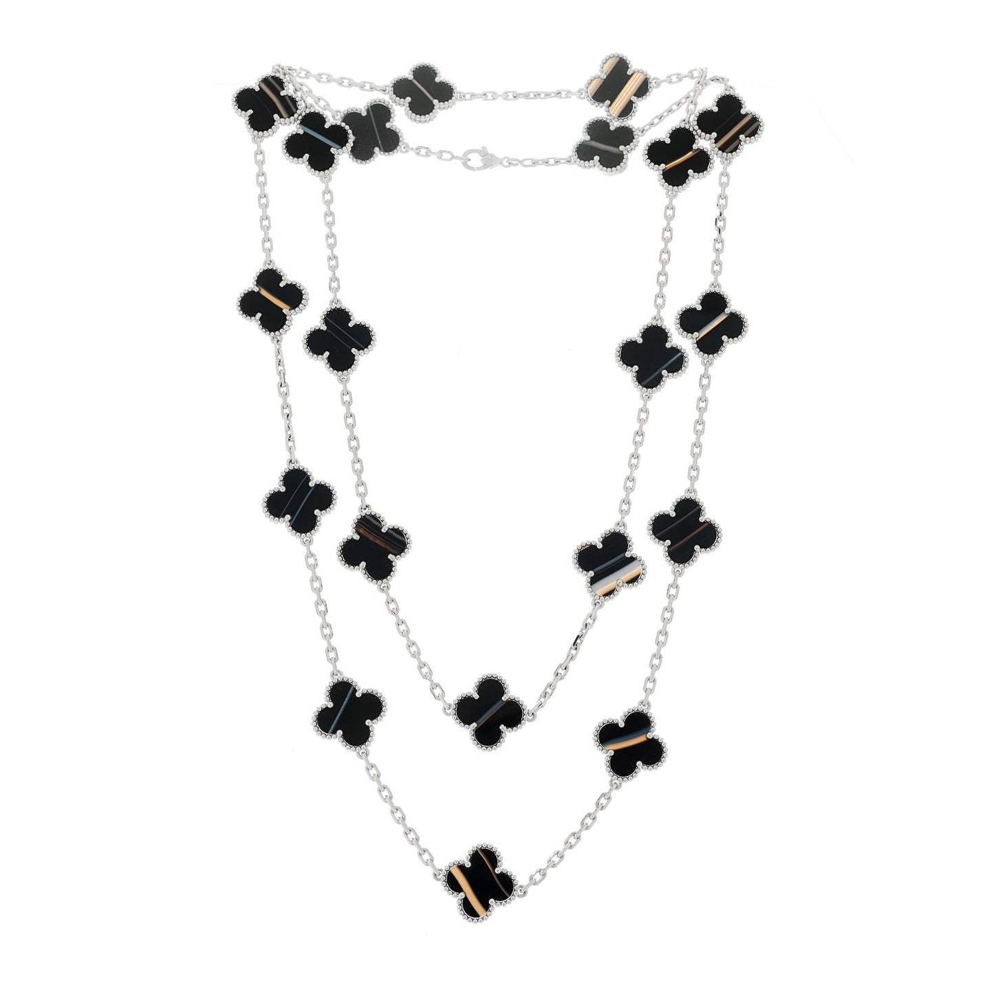 18K White Gold Veined Black Onyx 20 Motifs Vintage Alhambra Necklace