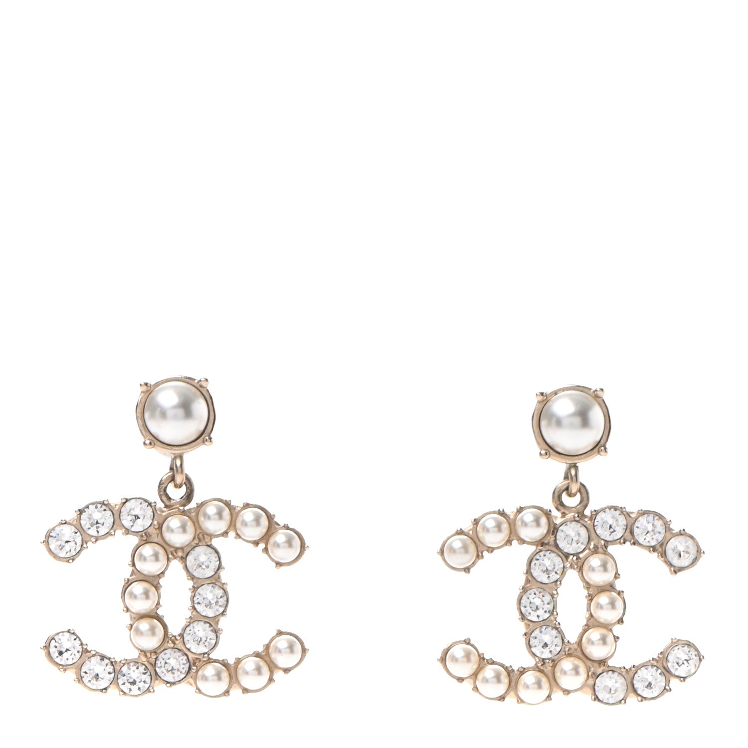 Chanel Crystal Pearl Dazzling Domino CC Drop Earrings Gold 1 of 4