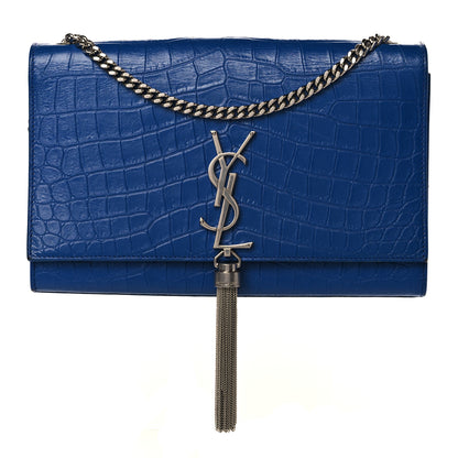 Saint Laurent Calfskin Crocodile Embossed Medium Classic Monogram Kate Tassel Satchel Bleu Majorelle 1 of 9