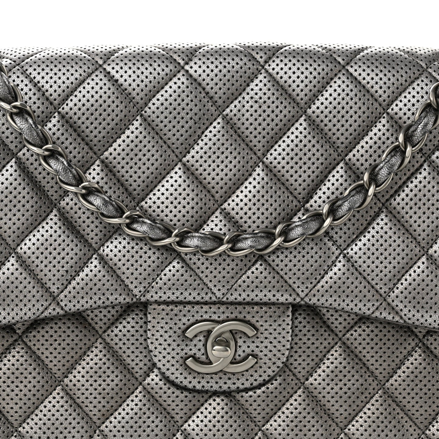 Metallic Perforated Lambskin Quilted Jumbo Double Flap Dark Silver