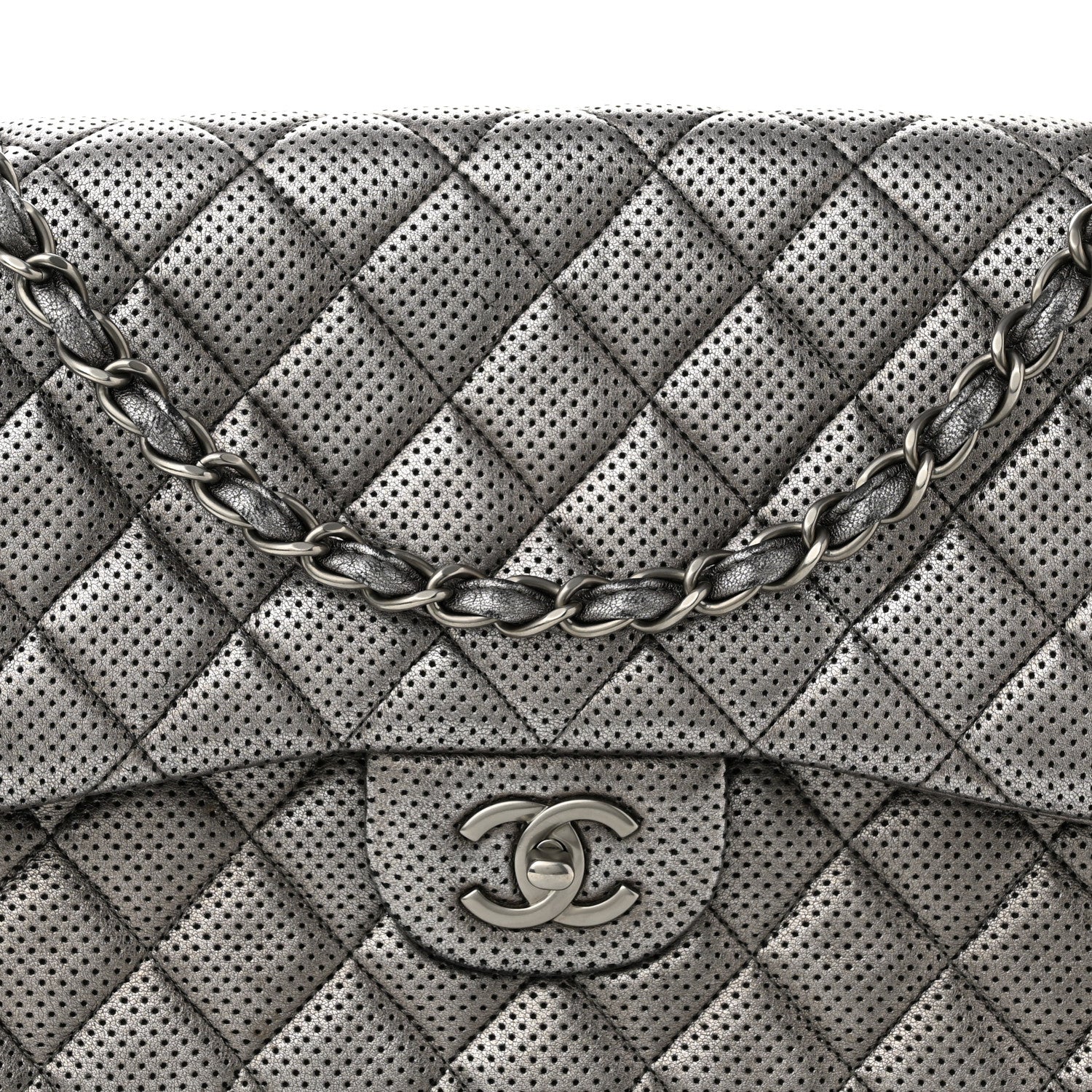 Chanel Metallic Perforated Lambskin Quilted Jumbo Double Flap Dark Silver 8 of 16
