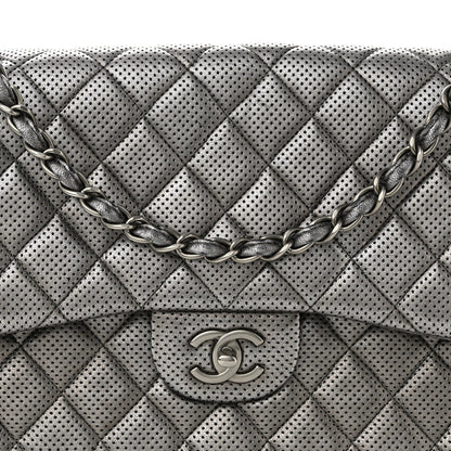 Chanel Metallic Perforated Lambskin Quilted Jumbo Double Flap Dark Silver 8 of 16