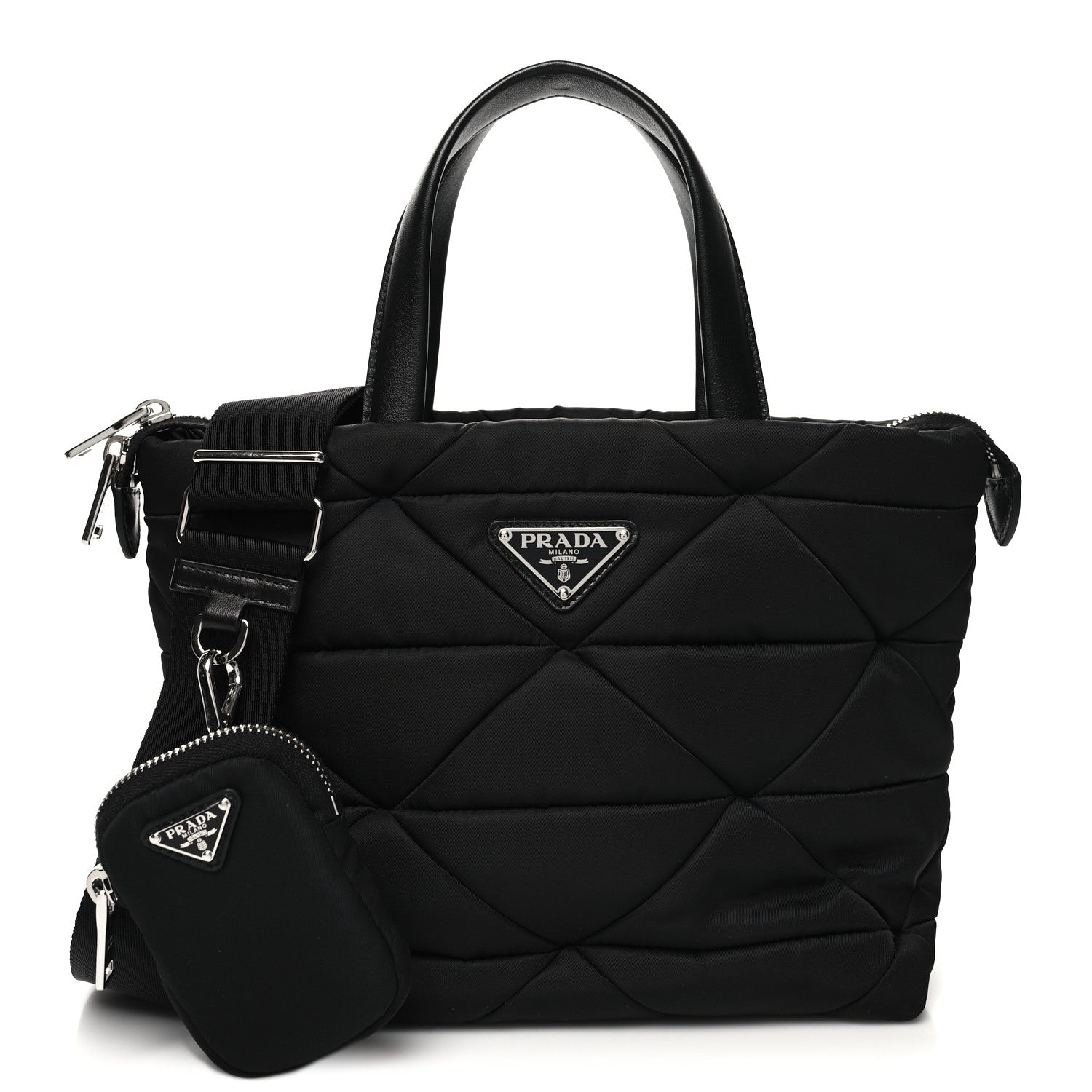 Prada Re-Nylon Nappa Triangle Quilted Padded Double Handled Zip Pocket Tote Black 1 of 9
