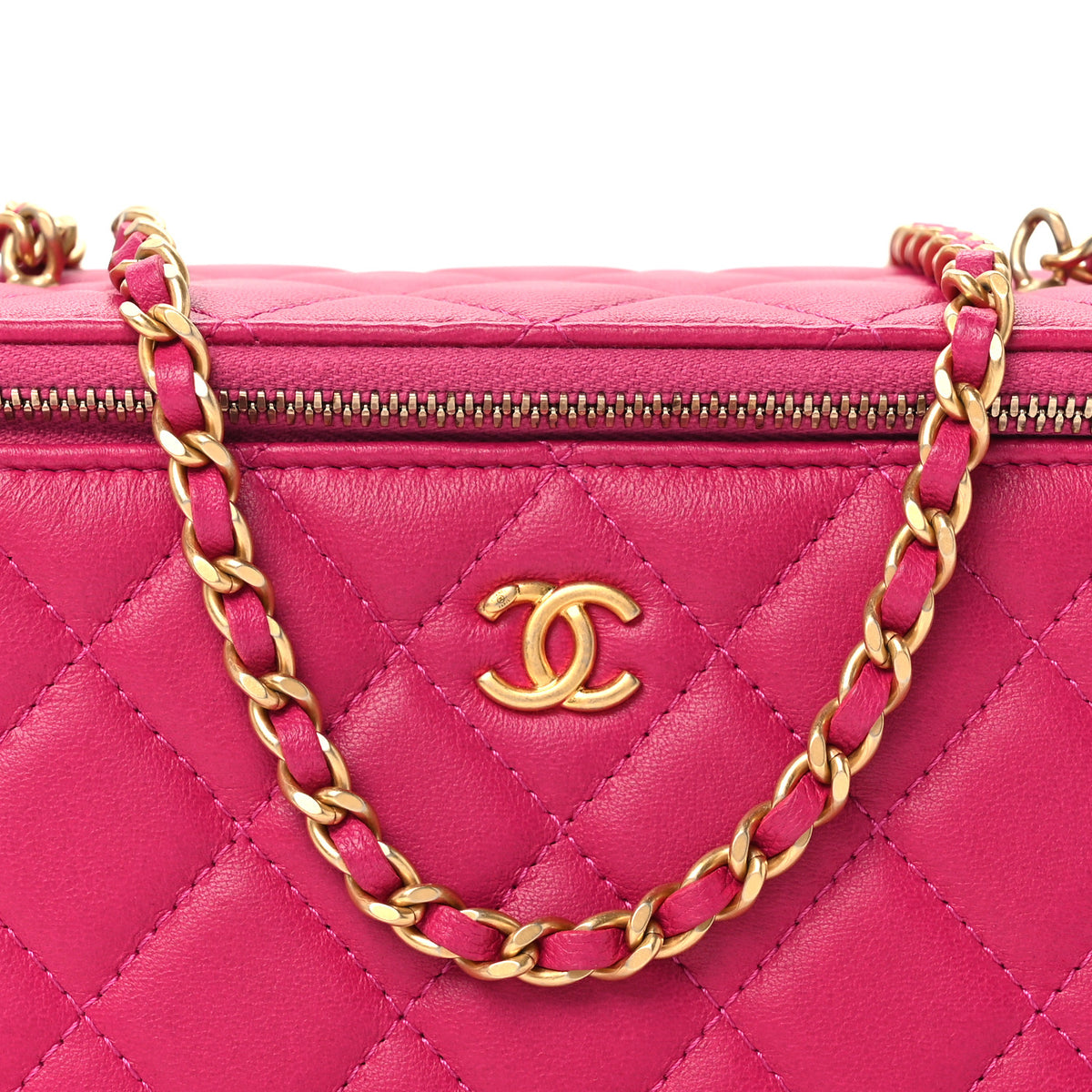 Lambskin Quilted Small Pearl Crush Vanity Case With Chain Fuchsia
