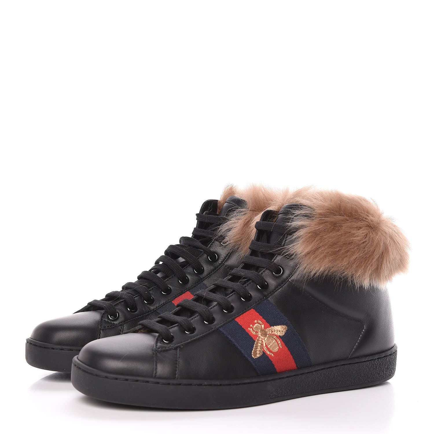 Gucci Calfskin Wool Web Bee Embroidered Mens Ace High Top Sneakers 7 Black 3 of 7