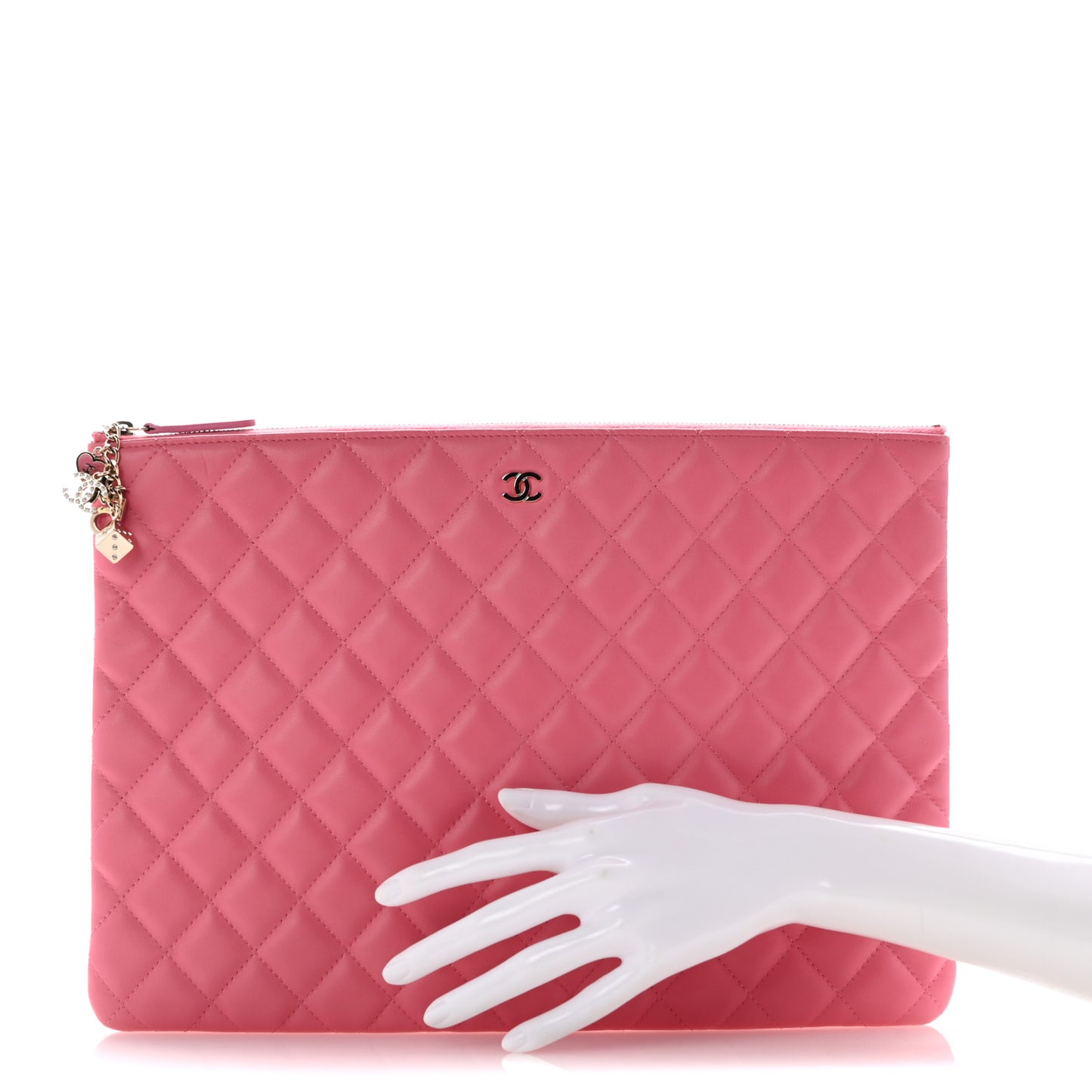 Lambskin Quilted Charms Large Cosmetic Case  Dark Pink