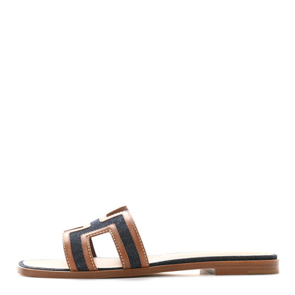 Hermes Calfskin Denim Oran Sandals 38.5 Bleu Brut Gold 1 of 9