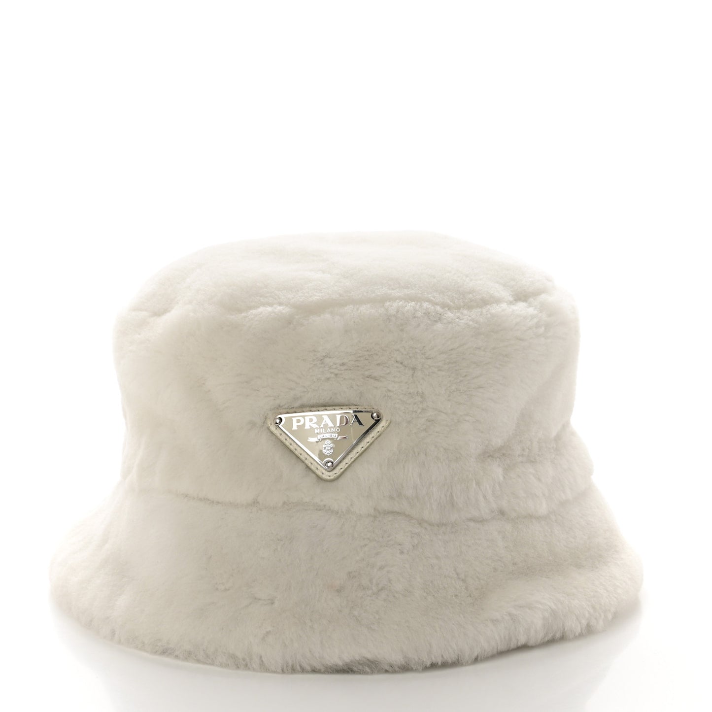 Shearling Metal Triangle Logo Womens Bucket Hat M White