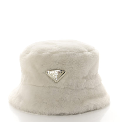 Prada Shearling Metal Triangle Logo Womens Bucket Hat M White 3 of 8