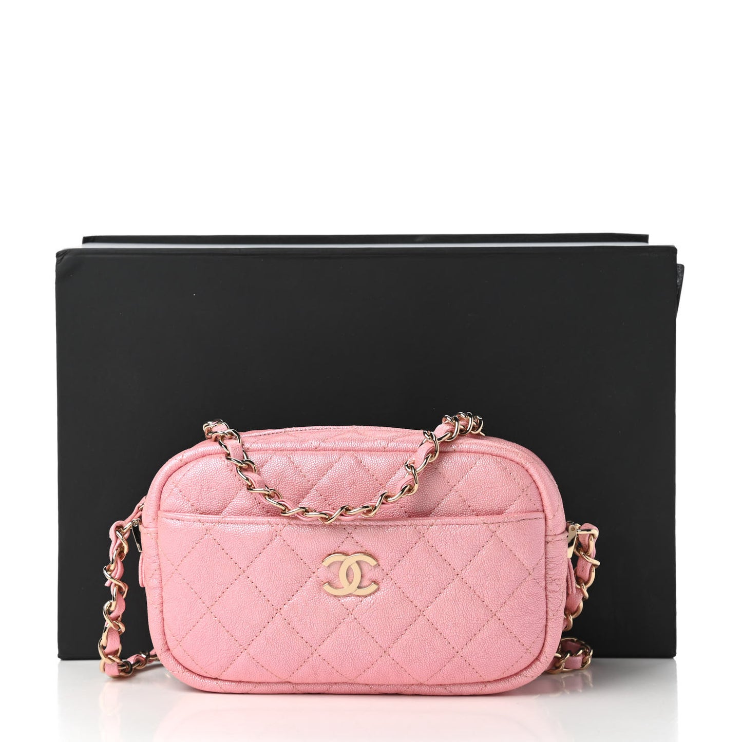 Iridescent Caviar Quilted Small Timeless Camera Case Pink