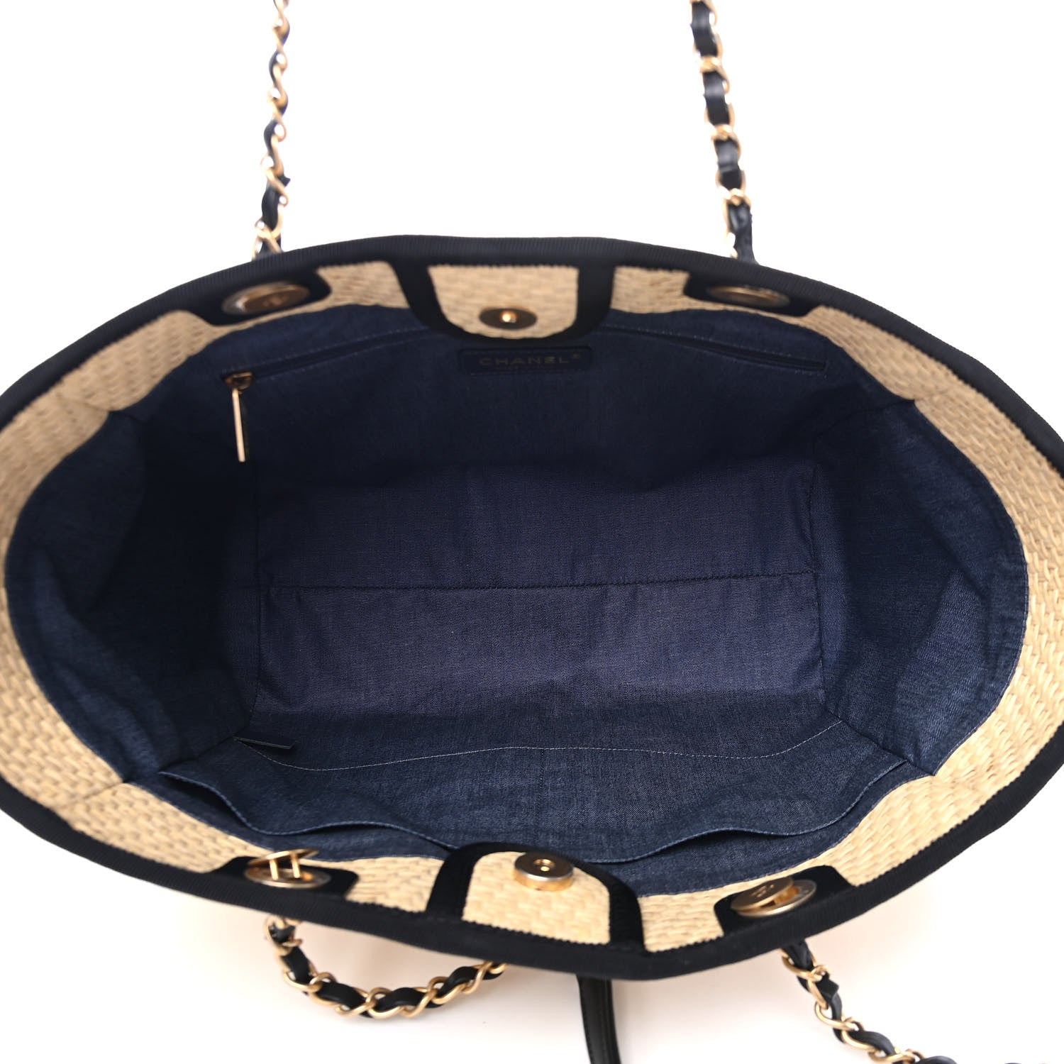 Chanel Straw Raffia Calfskin Chain Small Deauville Tote Beige Black 4 of 4
