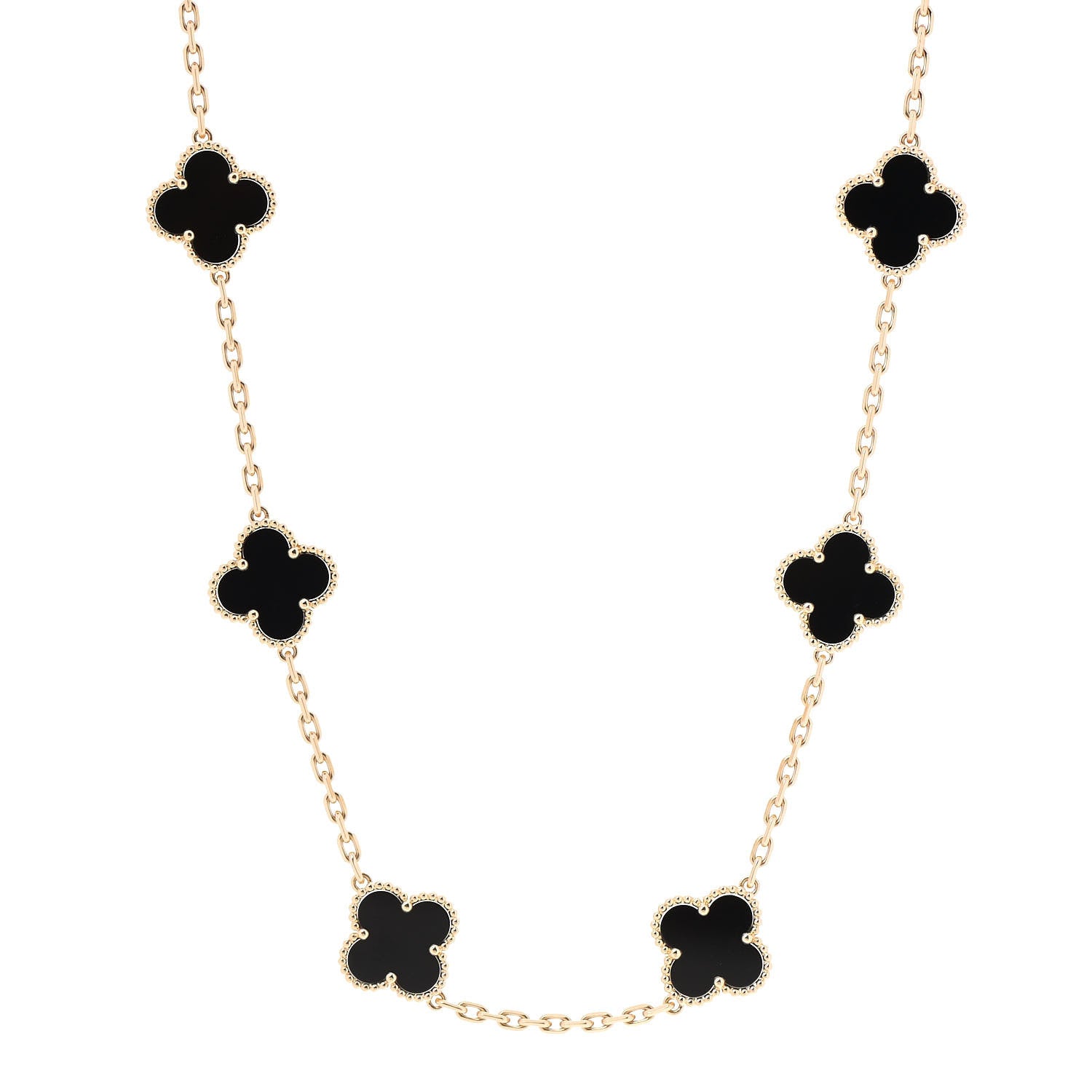 Van Cleef & Arpels 18K Yellow Gold Black Onyx 10 Motifs Vintage Alhambra Necklace 1 of 5