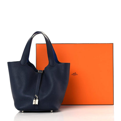 Hermes Taurillon Clemence Swift Eclat Picotin Lock 22 MM Bleu Nuit Bleu Electrique 5 of 11