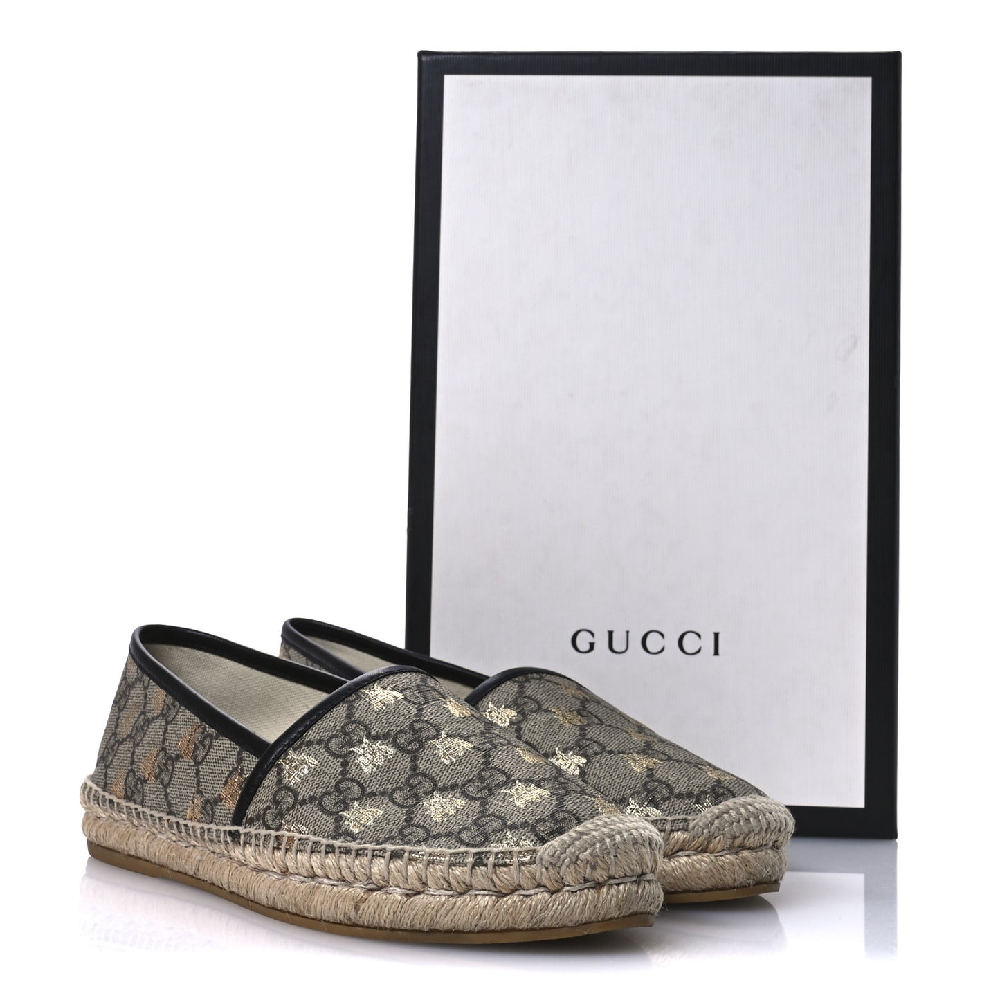 GG Supreme Monogram Bees Espadrille Flats 37.5 Beige Ebony Oro Black