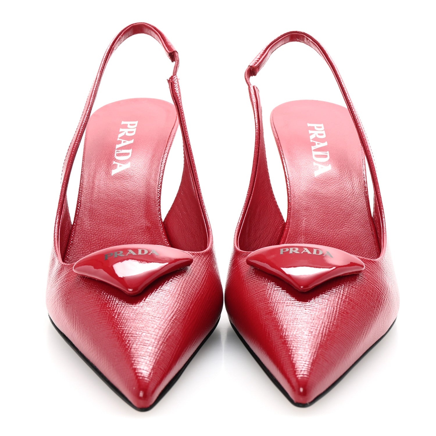 Prada Vernice Saffiano Triangle Logo Pointed Toe 75mm Slingback Pumps 37 Cherry Red 3 of 9