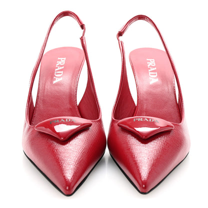 Prada Vernice Saffiano Triangle Logo Pointed Toe 75mm Slingback Pumps 37 Cherry Red 3 of 9