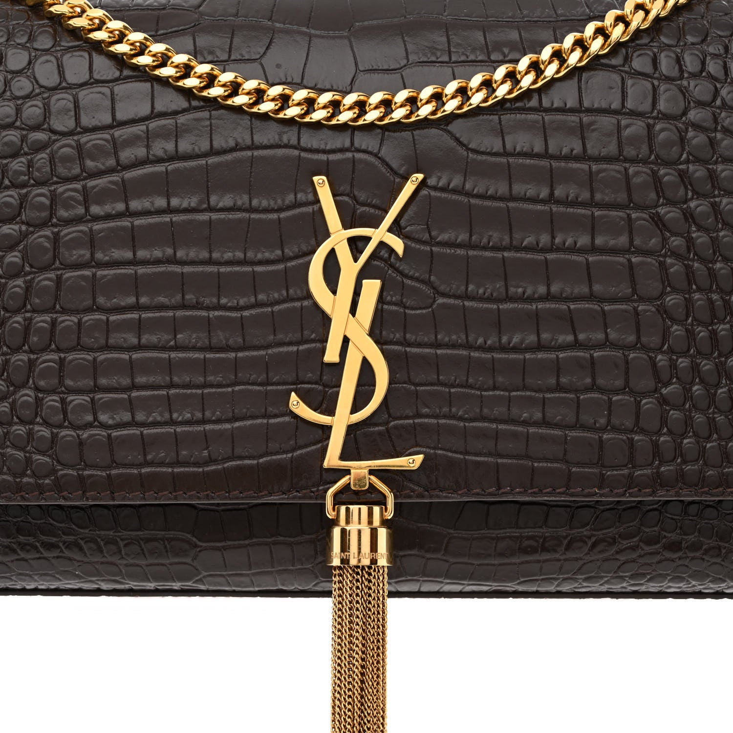 Saint Laurent Calfskin Crocodile Embossed Medium Classic Monogram Kate Tassel Satchel Dark Brown 8 of 15