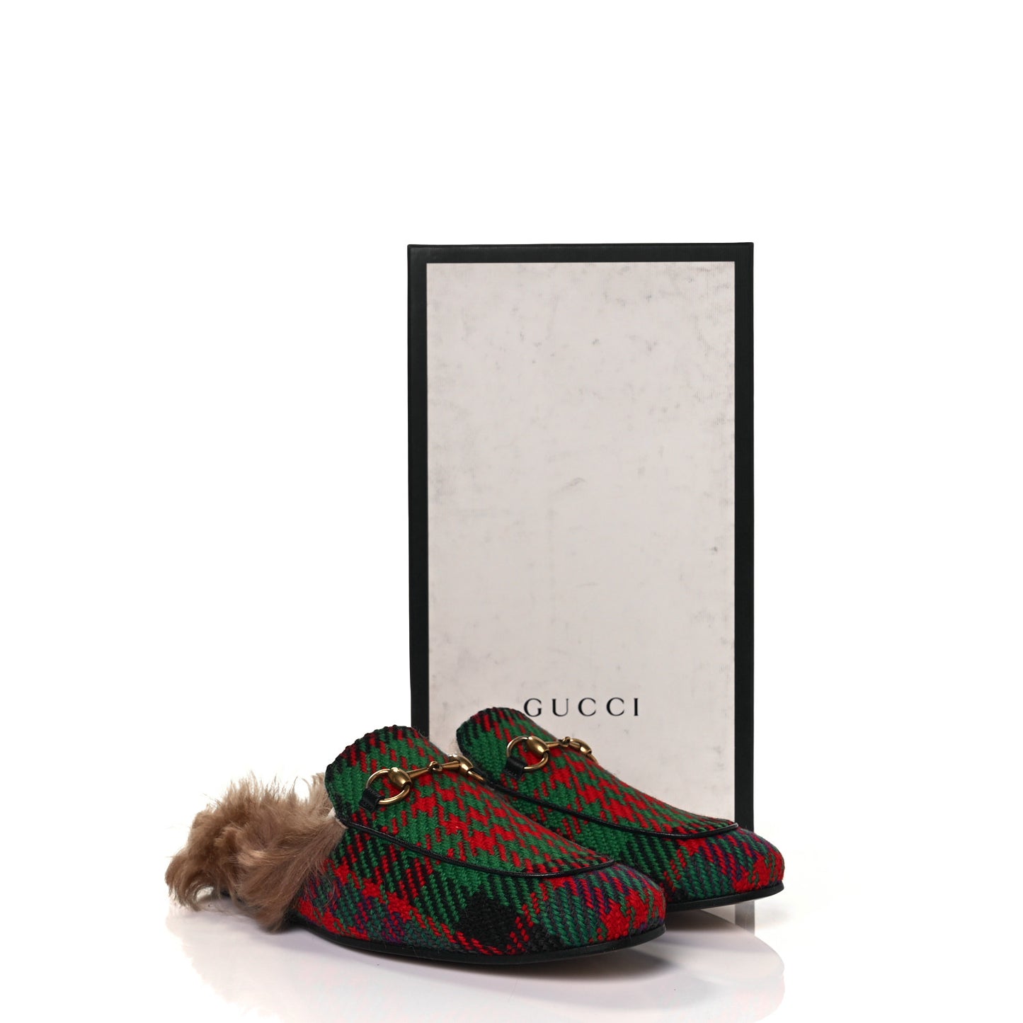 Tweed Fur Prince Wales Plaid Mens Princetown Slippers 8 Green Blue Red Natural