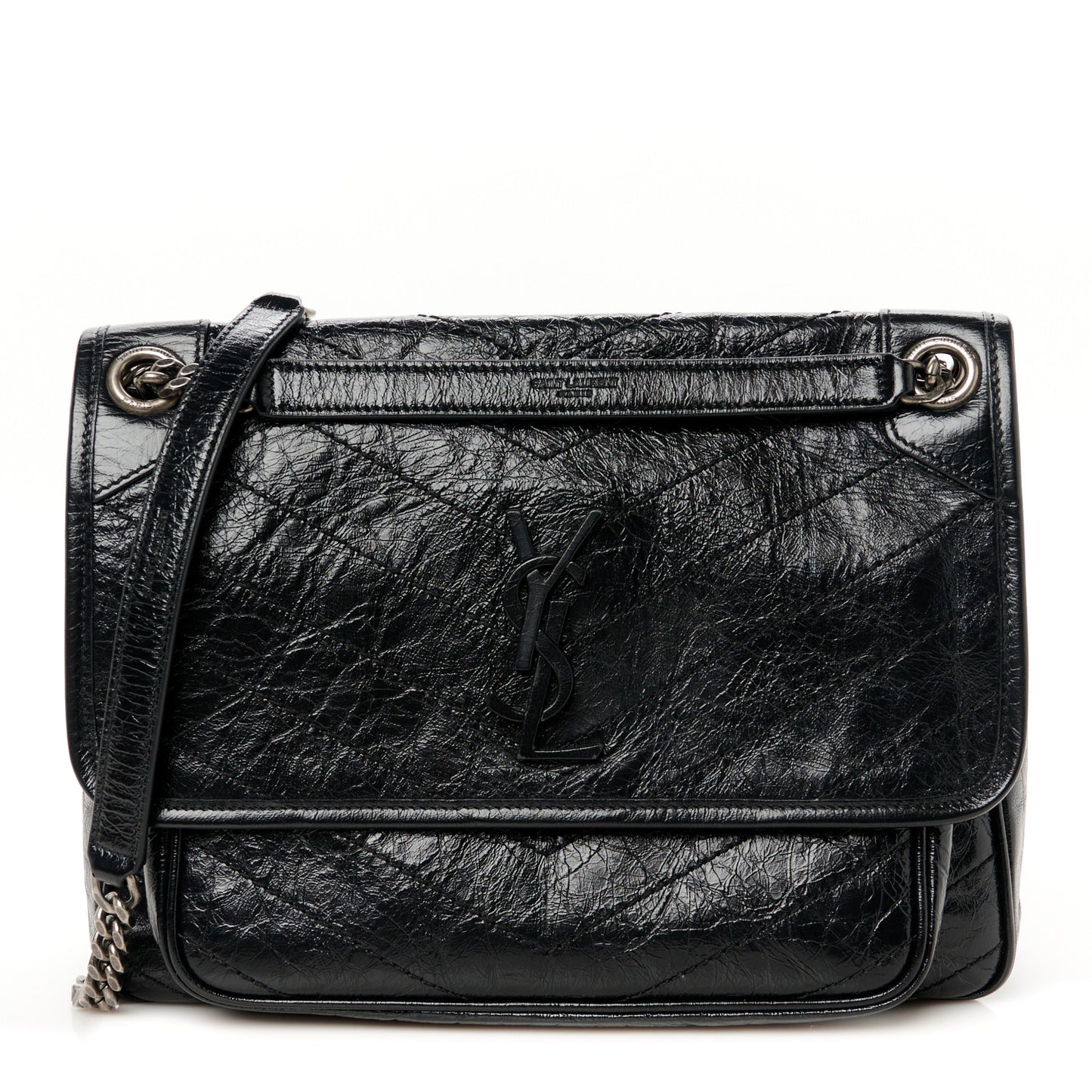 Crinkled Calfskin Matelasse Monogram Medium Niki Chain Satchel Black