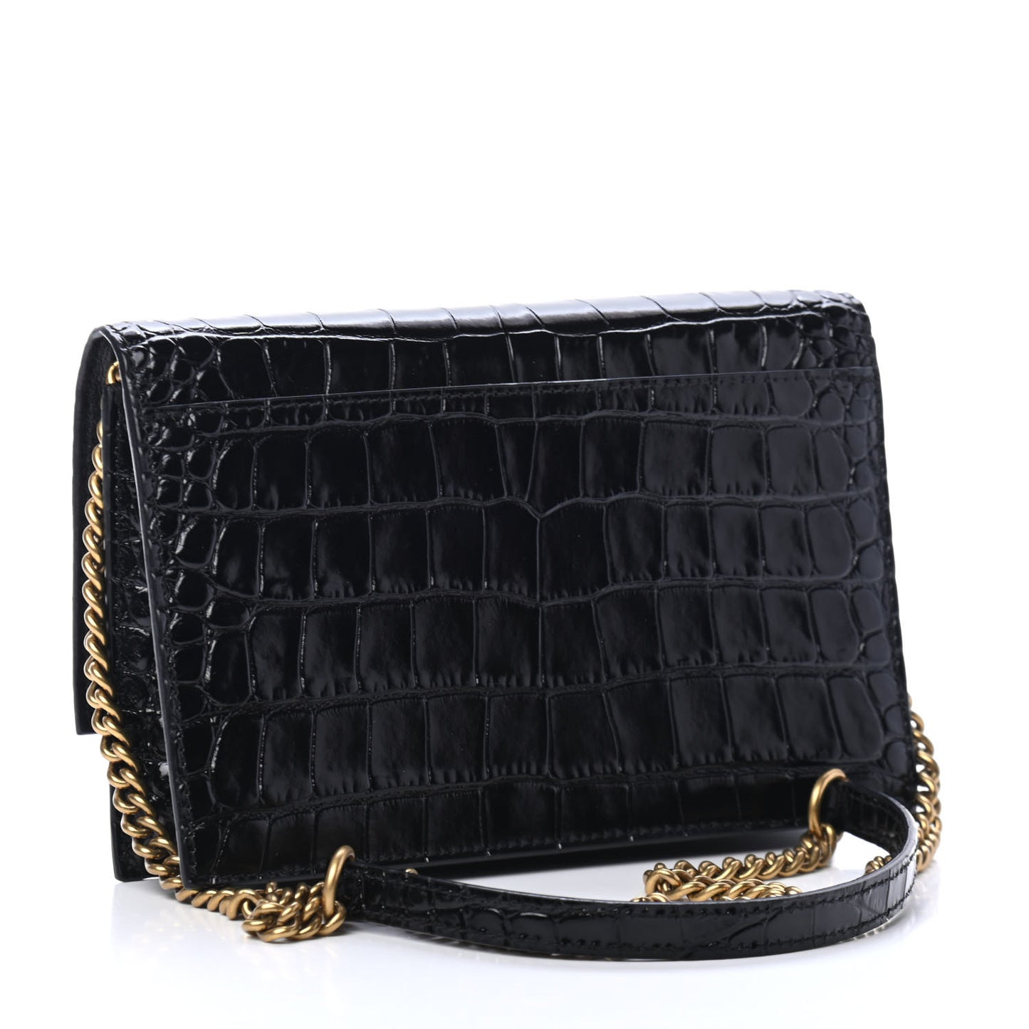 Shiny Calfskin Crocodile Embossed Sharp Crossbody Clutch Black