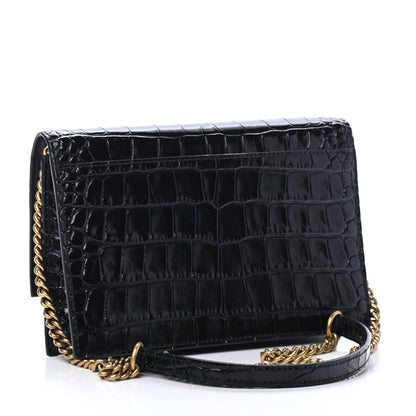Balenciaga Shiny Calfskin Crocodile Embossed Sharp Crossbody Clutch Black 2 of 4