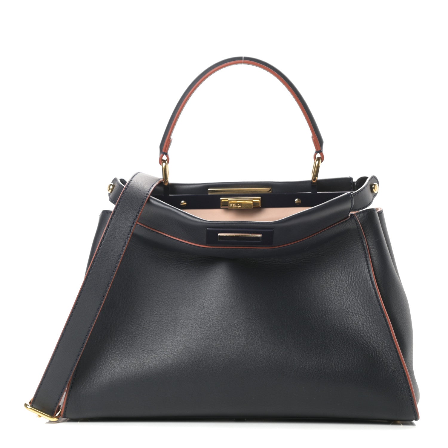 Fendi Vitello Seta Burro Medium Peekaboo Iconic Satchel Blue Notte Plaster 1 of 15